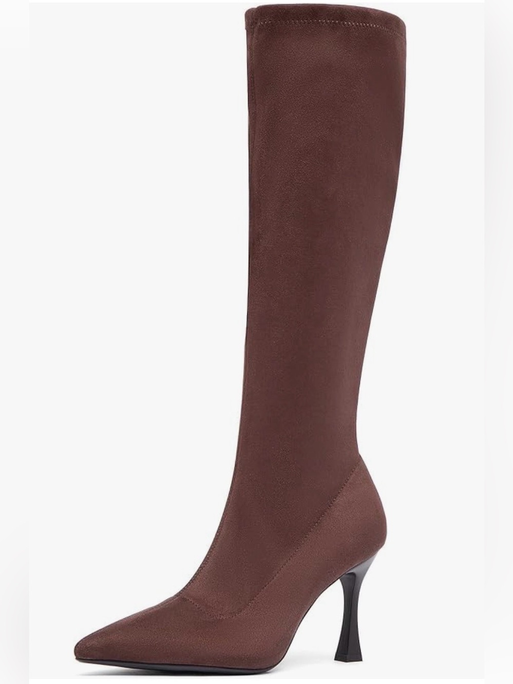 Newbella Pointed Toe Knee High Women’s Boots, Flared Heel, Stretch Suede, Tall